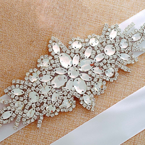 Bridal belt with crystals and rhinestones on a white ribbon
